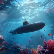 Underwater illustration of a submarine moving through the ocean surrounded by colorful coral reefs and marine life.
