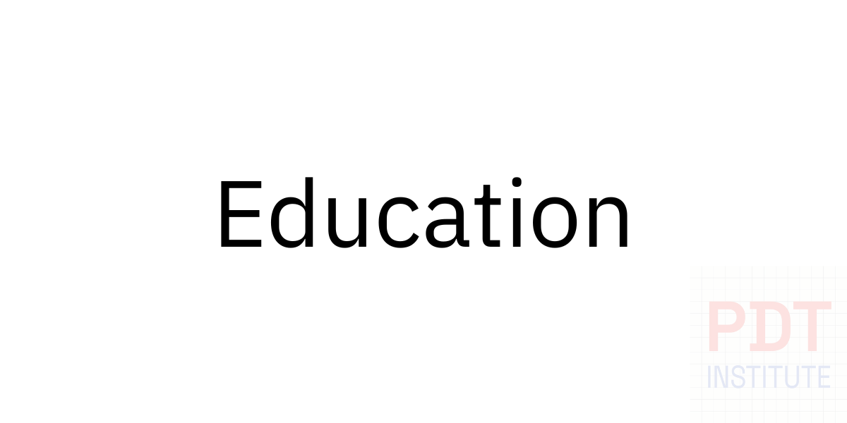 Black text reading 'Education' on a white background with faint PDT Institute logo in the bottom right corner.