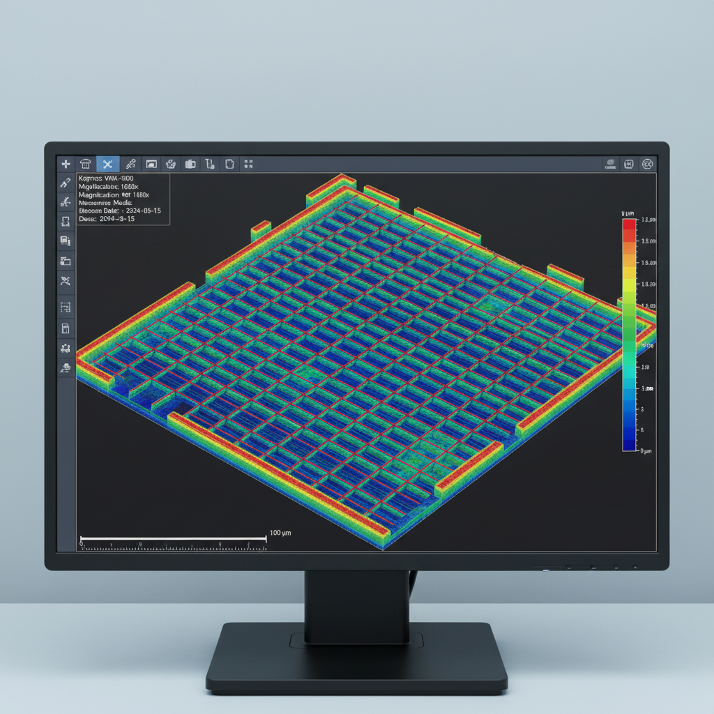 Computer monitor displaying a colorful 3D STM grid map with a color scale representing measurements in micrometers.