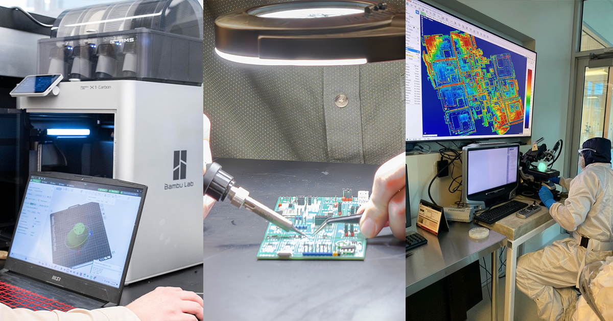 Three panels of PDTI work: a Bambu Lab X1-Carbon printing a prototype beside a slicer on a laptop, hands soldering a populated circuit board under a magnifier lamp, and a gowned engineer at a microscope reading a false-colour die map.