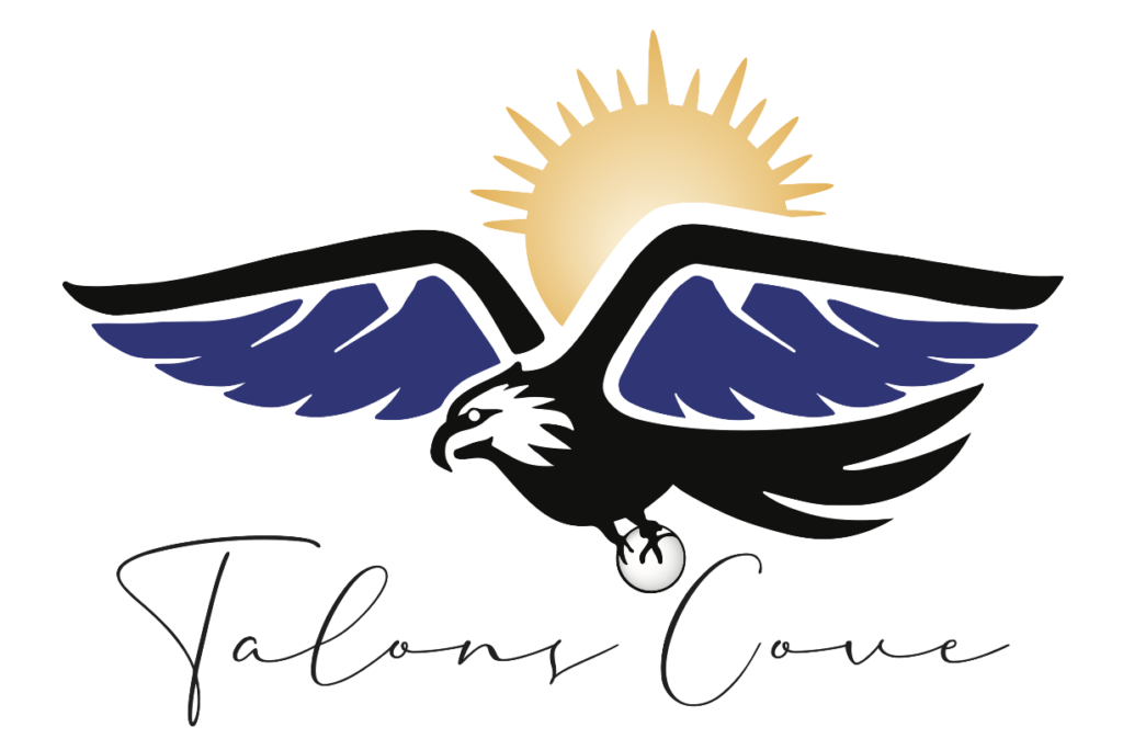 Logo featuring a black eagle with navy blue wings soaring in front of a golden sun, with the cursive text 'Talons Cove' below.
