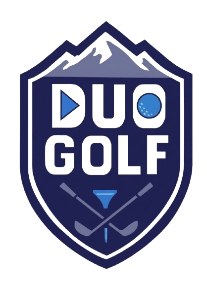 Shield-shaped logo with mountain illustration at top, text 'DUO GOLF', two crossed golf clubs, and a golf tee. The letter 'D' is stylized as a play button and the 'O' contains a golf ball graphic.