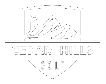 White Cedar Hills Golf logo featuring mountains and a golf flag on a black background.