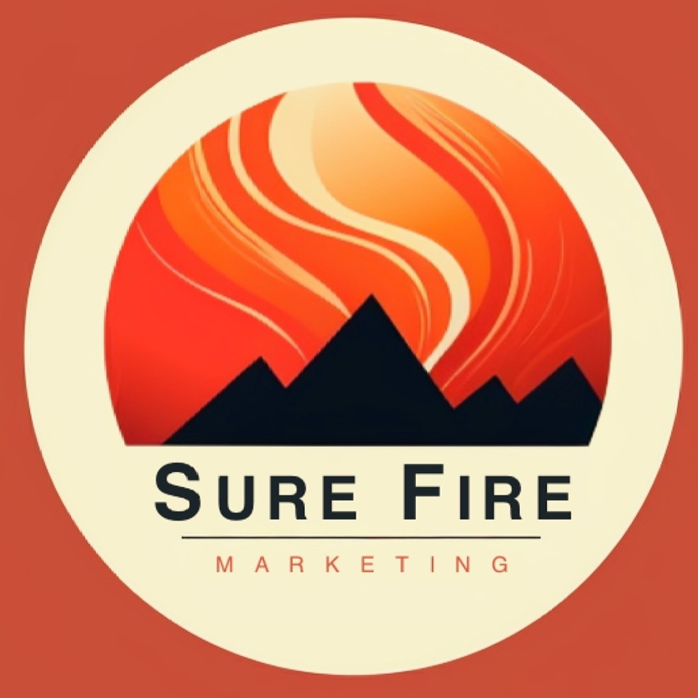 Logo for Sure Fire Marketing featuring black mountain silhouettes with orange and red flames above them inside a cream circle on a reddish background.