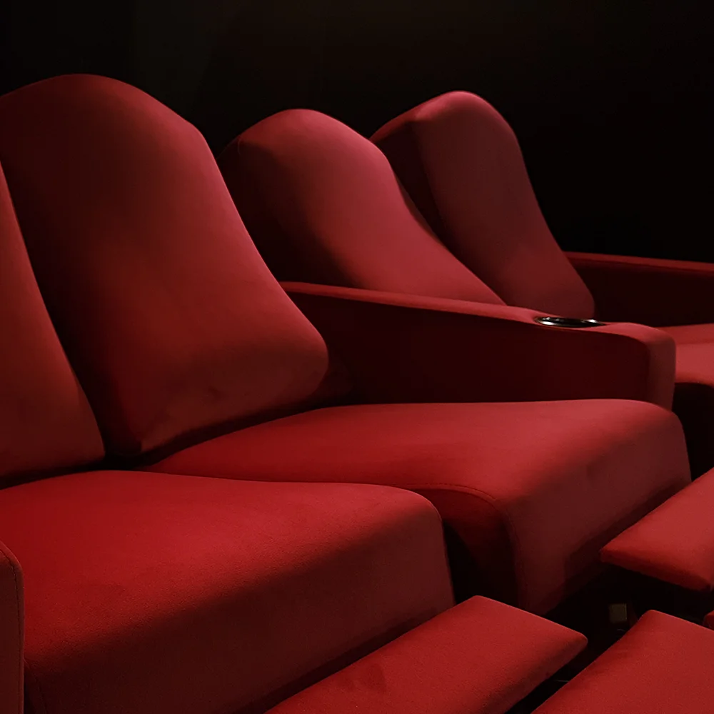 Home theater seating upholstered in Cine Suede inspired by classic cinema-style design by Elite HTS