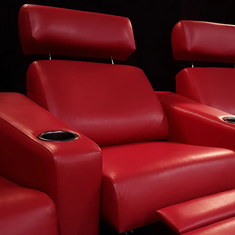 Home theater seating models featuring an articulating headrest and premium leather upholstery by Elite HTS