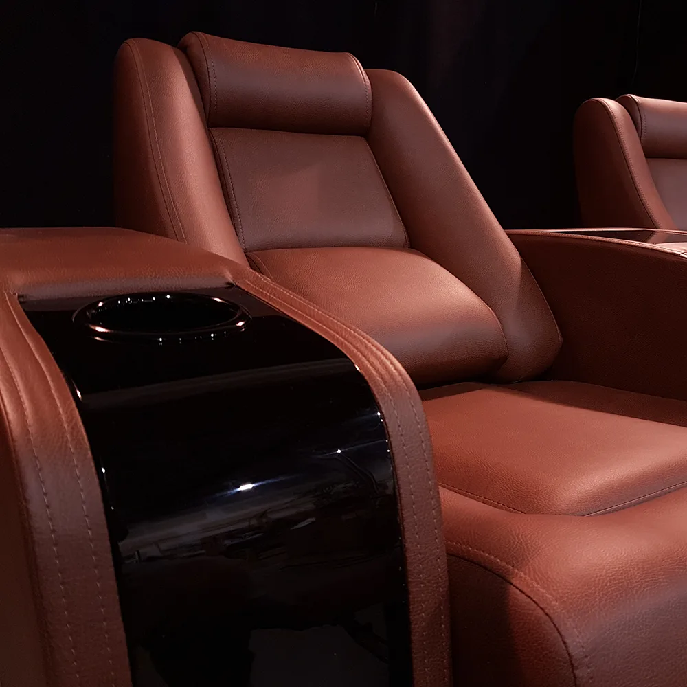 Home theater seating models with sculpted leather design and gloss arm panel by Elite HTS