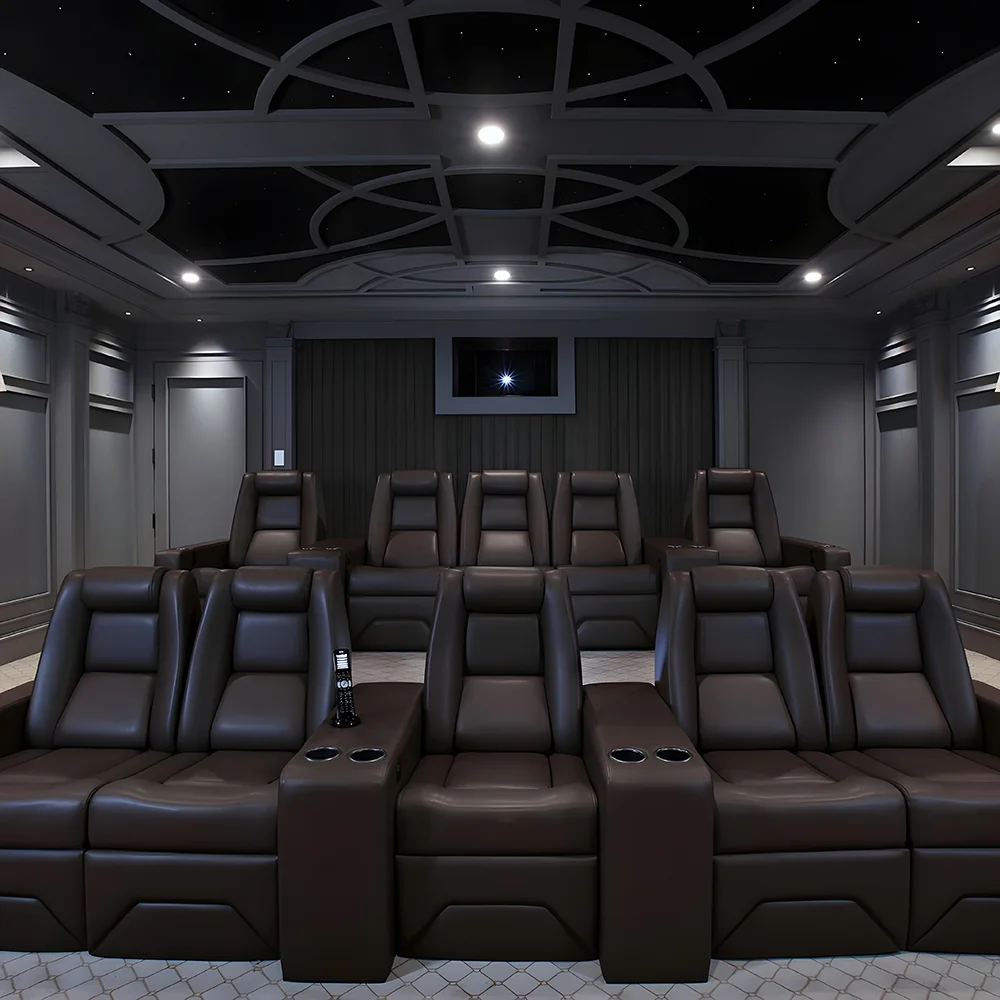 Luxury private cinema featuring tiered custom home theater seating by Elite HTS