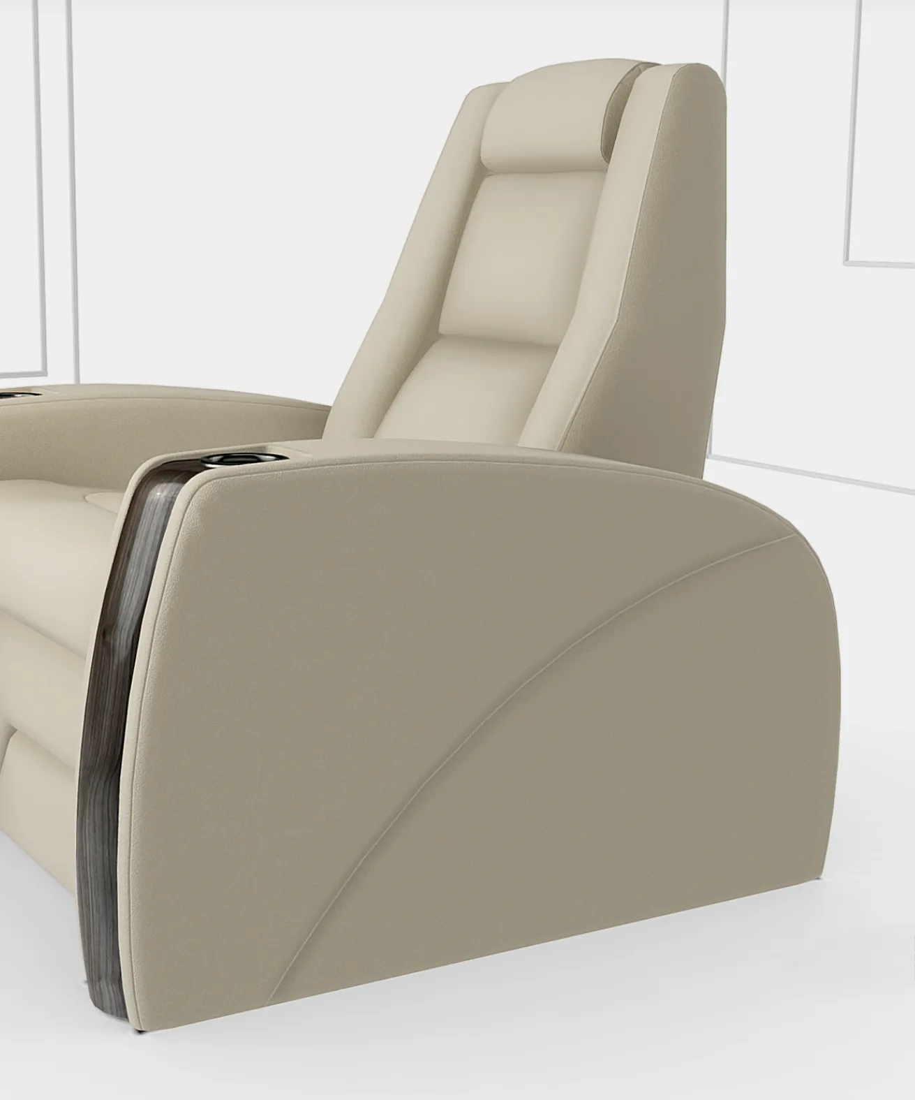 Elite HTS recliner with Arm Style J featuring a vertical wood panel arm accent