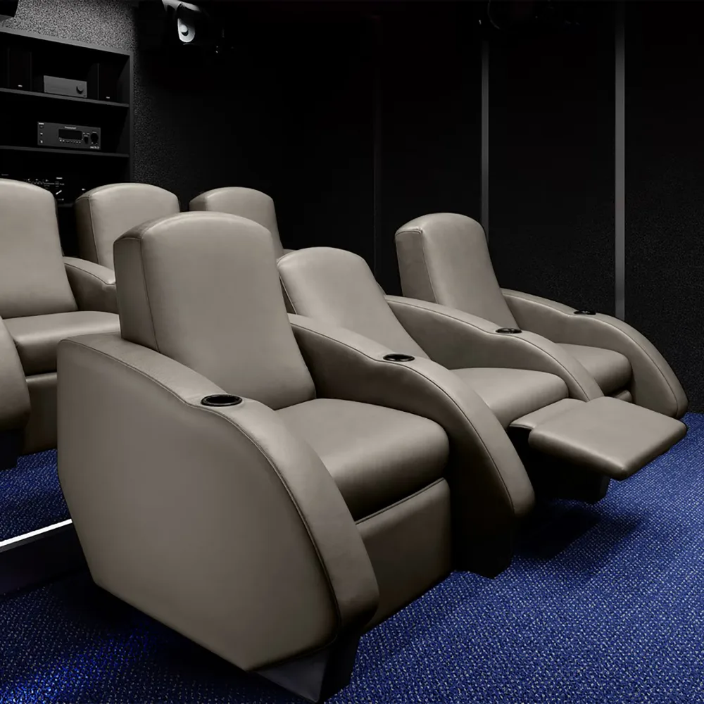 Elite HTS Model B5 theater recliners in dark leather — multi-seat configuration