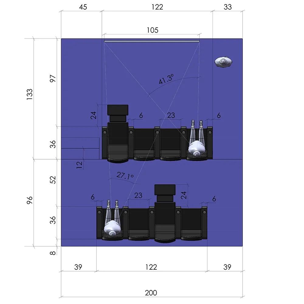 CAD floor plan for a multi-row theater project with equipment and seating positions