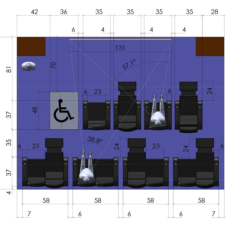 Detailed theater CAD floor plan with accessibility accommodations and row dimensions