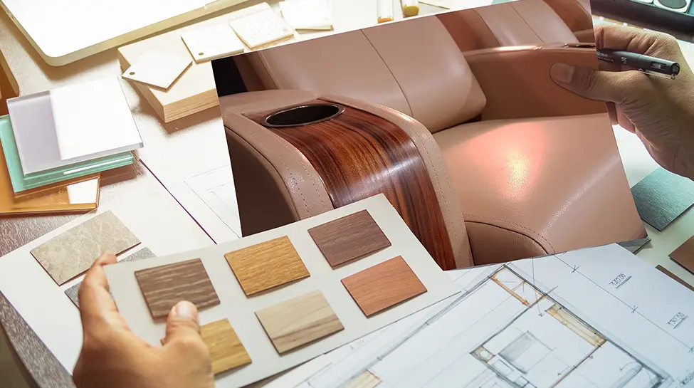 Elite HTS material sample board with wood finishes, leather swatches, and color options for trade professionals