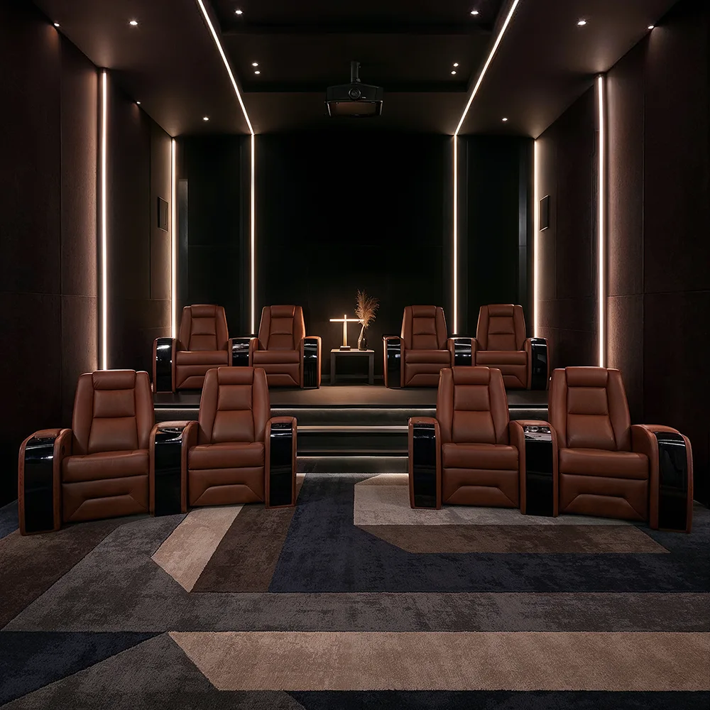 Modern home theater recliners with two rows of brown leather recliners and ambient strip lighting on walls.