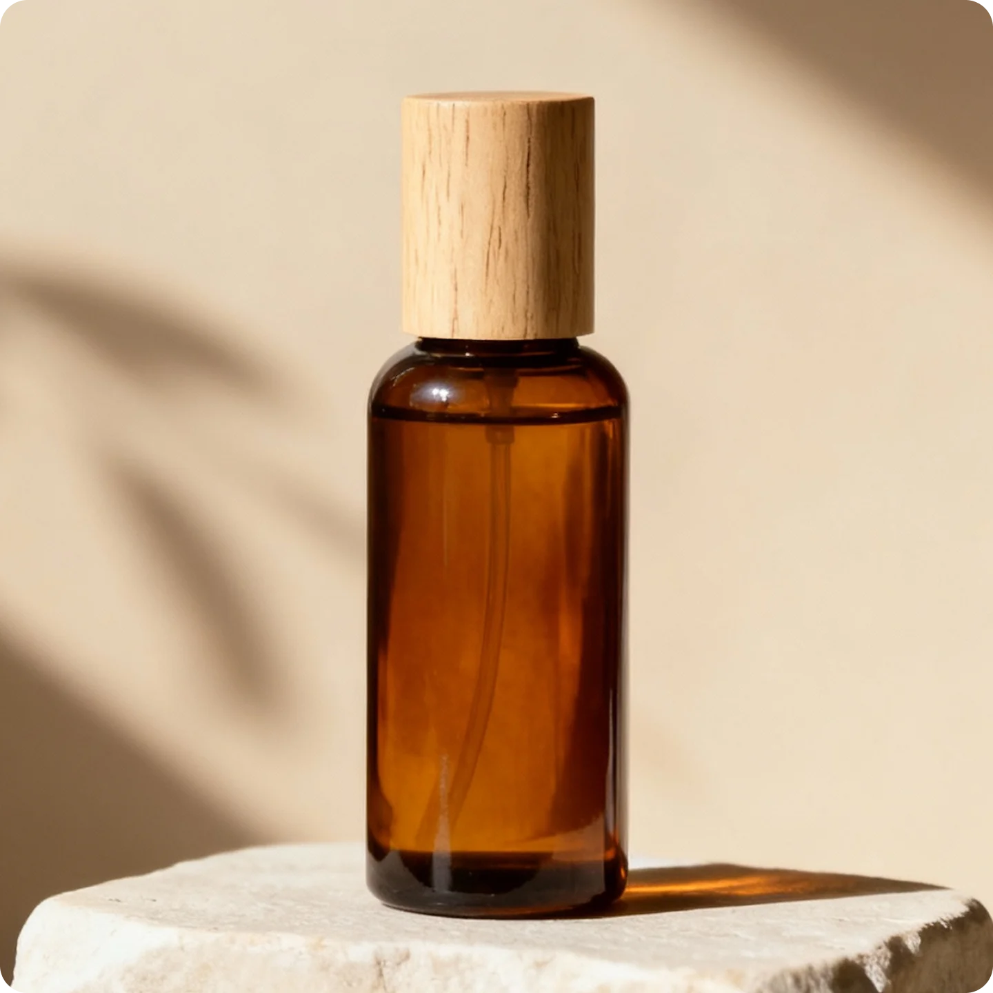 Amber glass bottle with a wooden cap placed on a textured stone surface against a softly lit beige background.