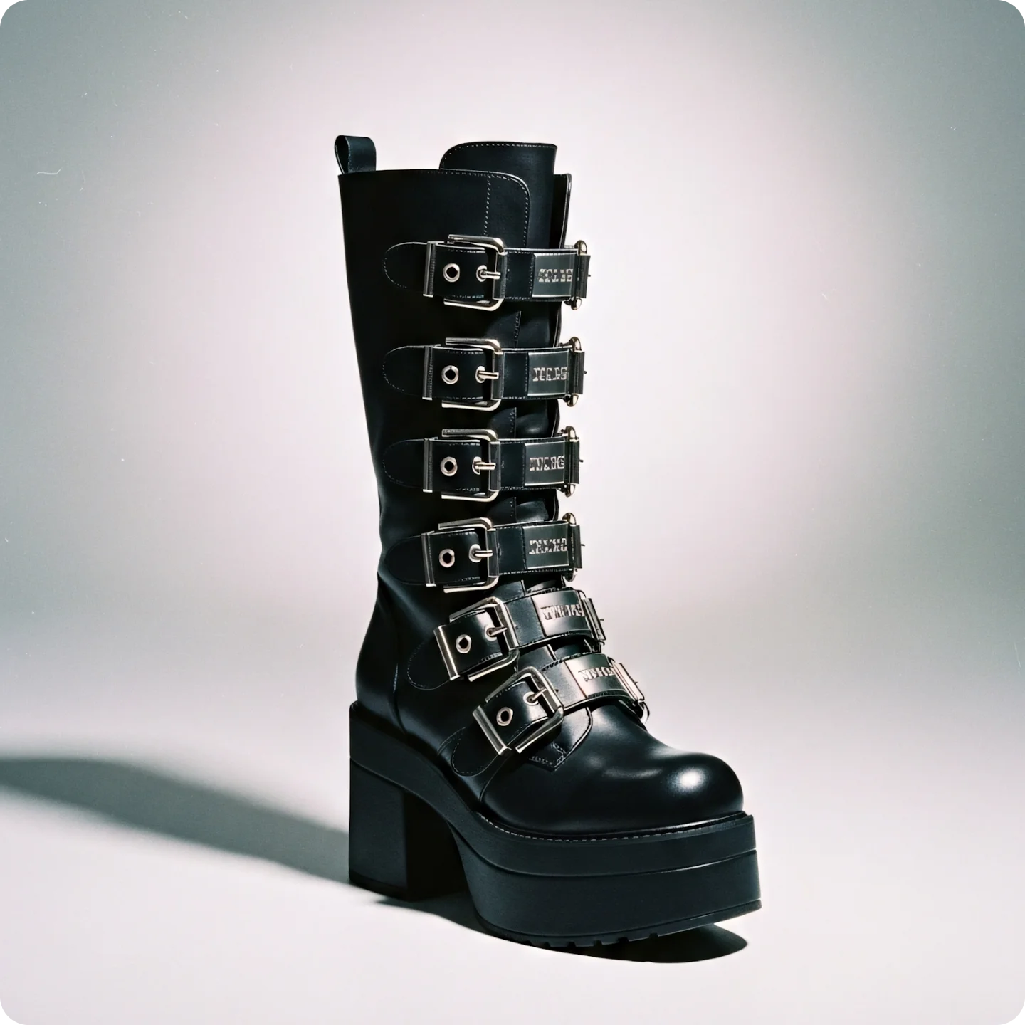 Black platform boot with six silver buckle straps on a light background.