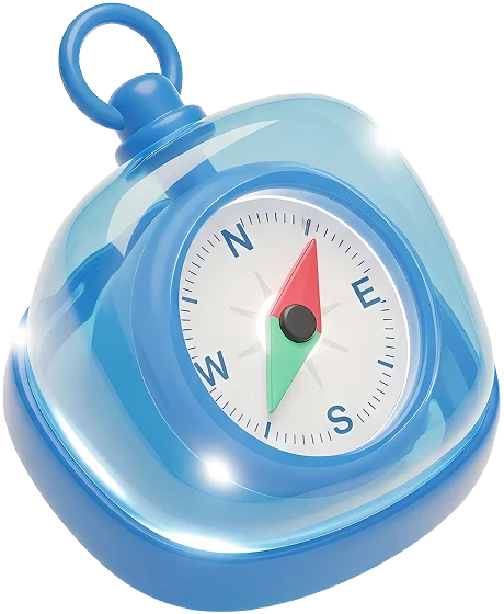 Blue plastic compass with a red and green needle inside a rounded transparent case.