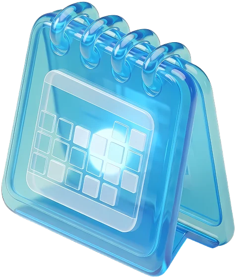 Blue translucent 3D desk calendar with spiral binding and grid-style date display.