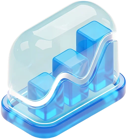 3D transparent graph with blue ascending bars and a white upward trend line under a glass cover.