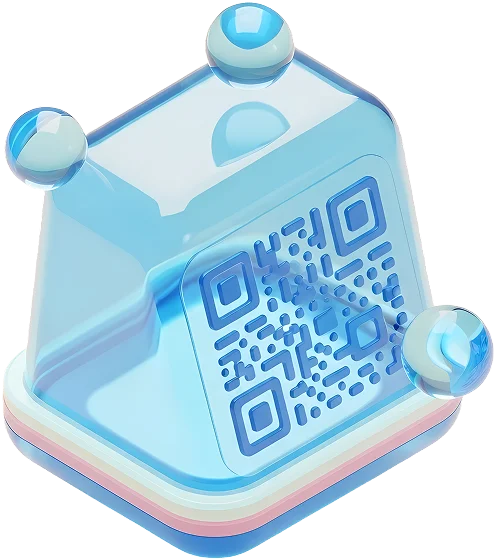 3D translucent blue cube with rounded edges containing a QR code and three floating spheres on its corners.