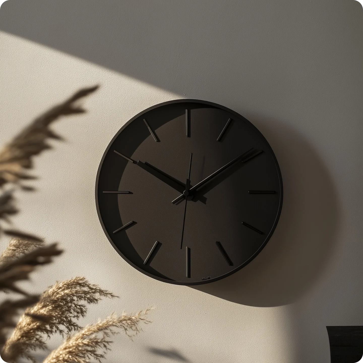 Minimalist black wall clock showing 10:10 with sunlit wall and dried pampas grass in the foreground.