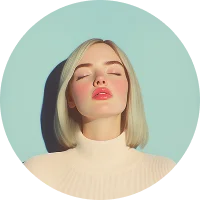 Woman with short blonde hair and closed eyes wearing a cream turtleneck sweater against a light blue background.
