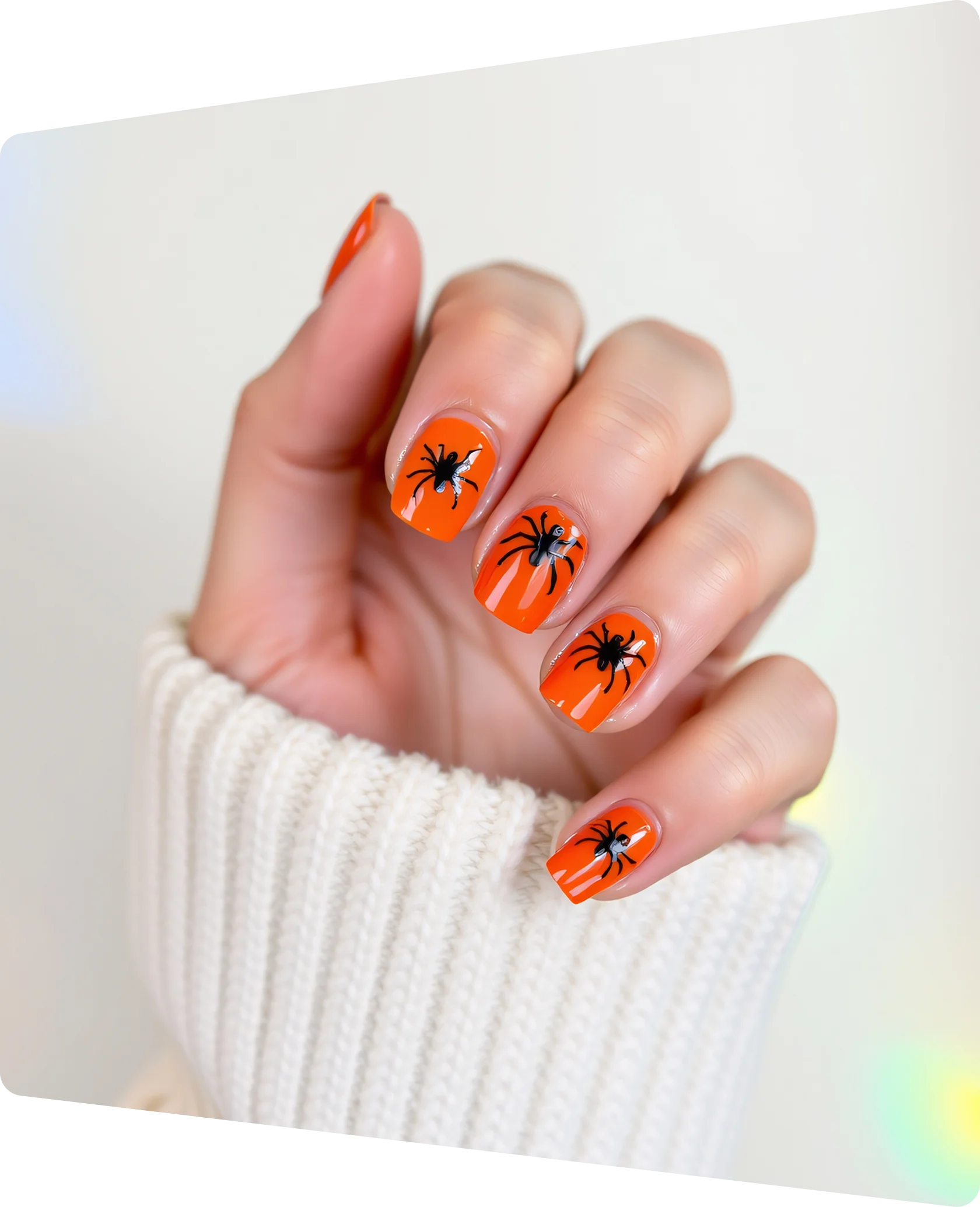 Hand with orange nail polish featuring black spider designs on each fingernail.