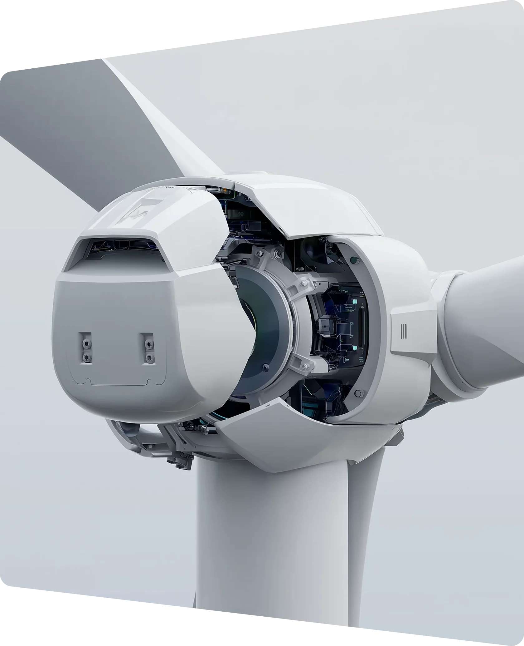 Close-up of a wind turbine nacelle with its outer casing partially opened, showing internal mechanical components and rotor hub.