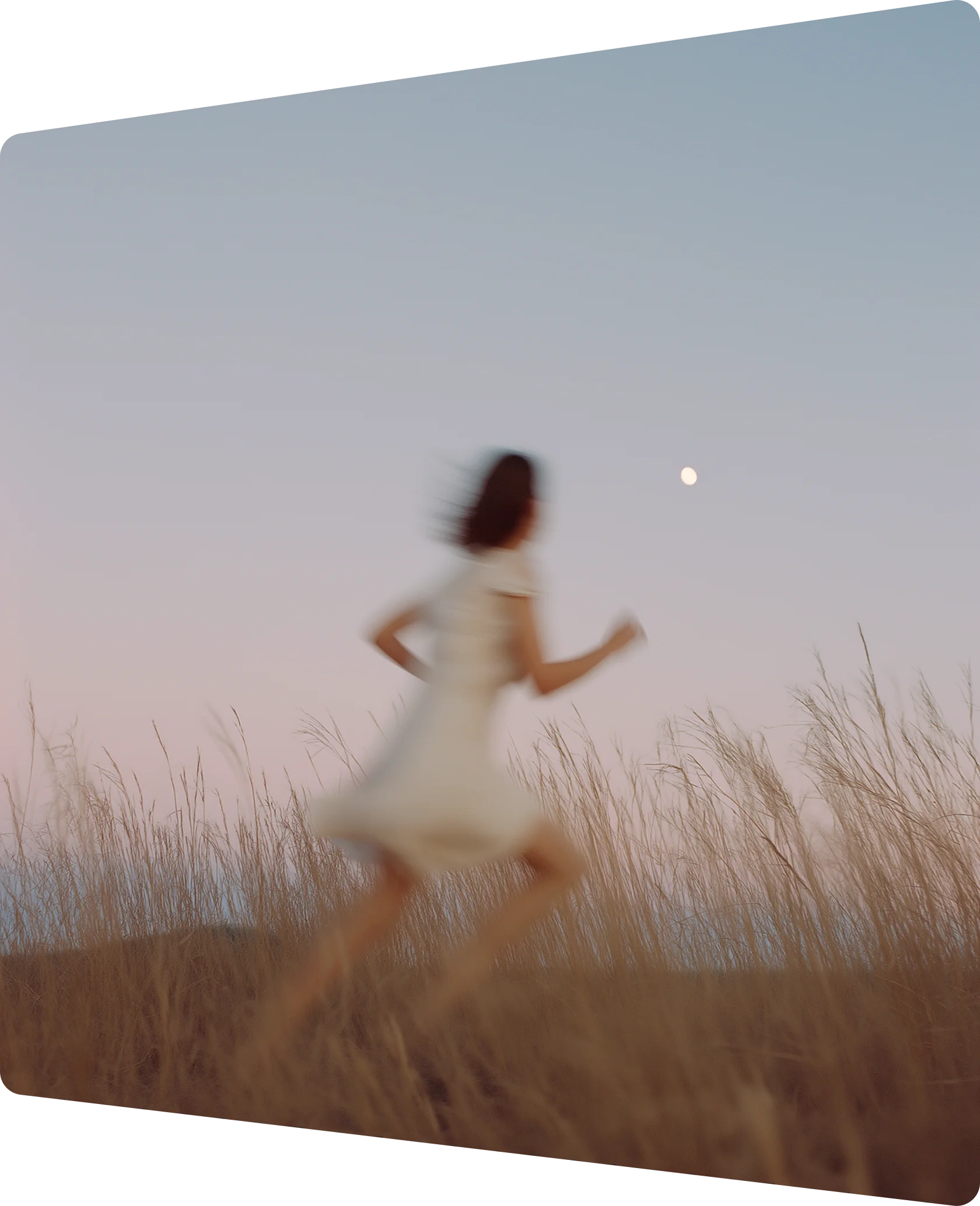 Blurred image of a person running through tall dry grass at dusk with a pale sky and visible moon.