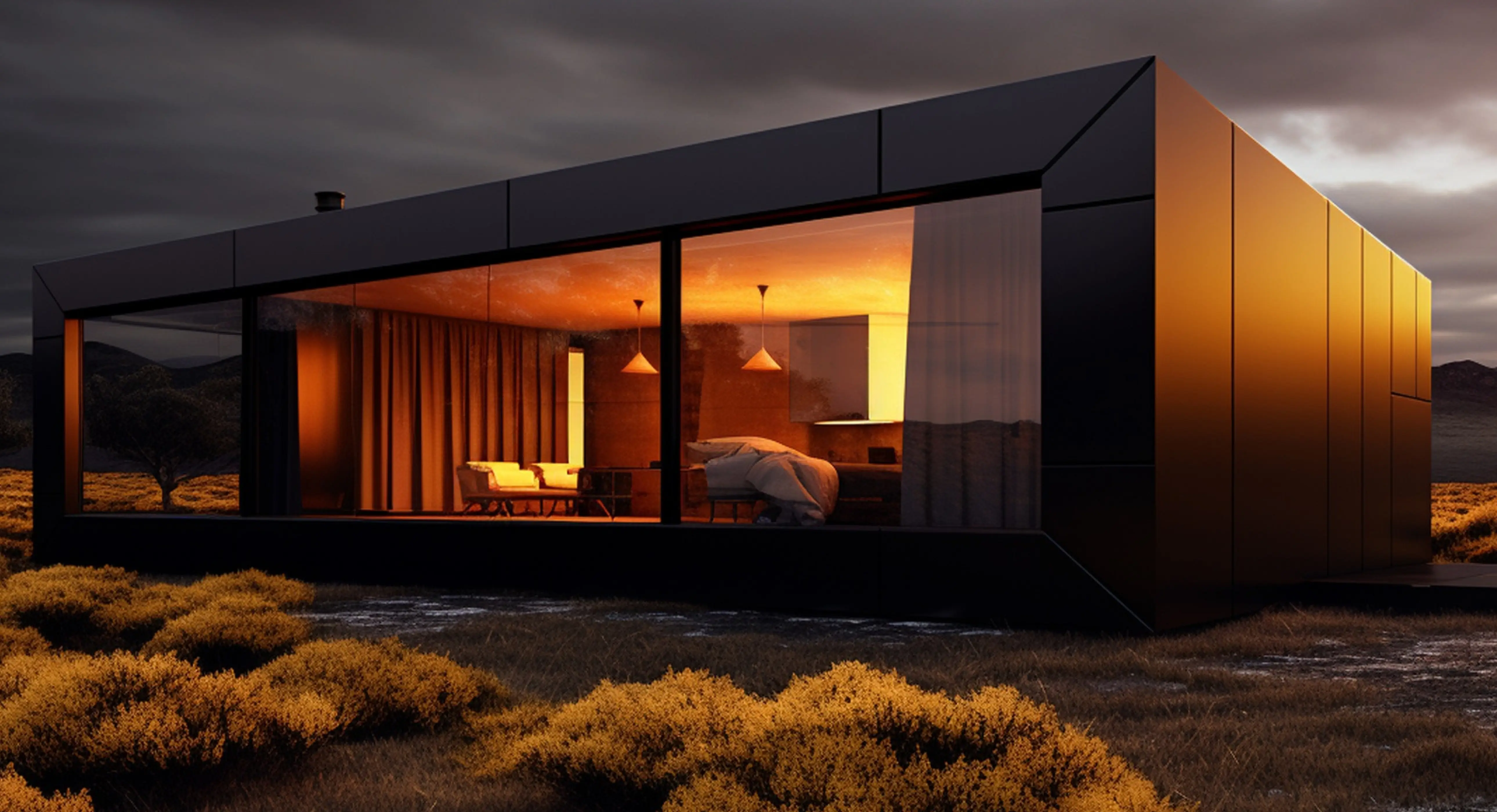 Modern, black-paneled house with large glass windows glowing warmly at dusk in a shrub-covered landscape.