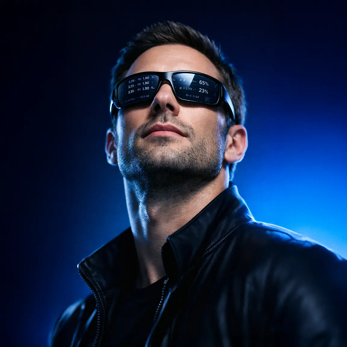 friendly man wearing sunglasses with data visualisations reflecting in the lenses