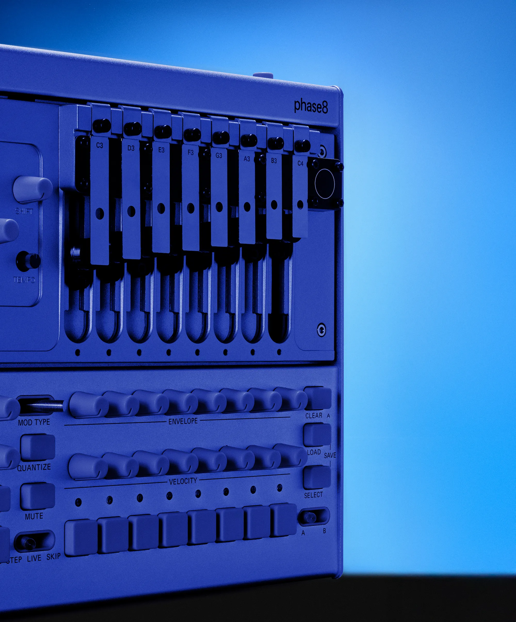 Lifestyle photography of KORG phase8 featuring blue-toned lighting.