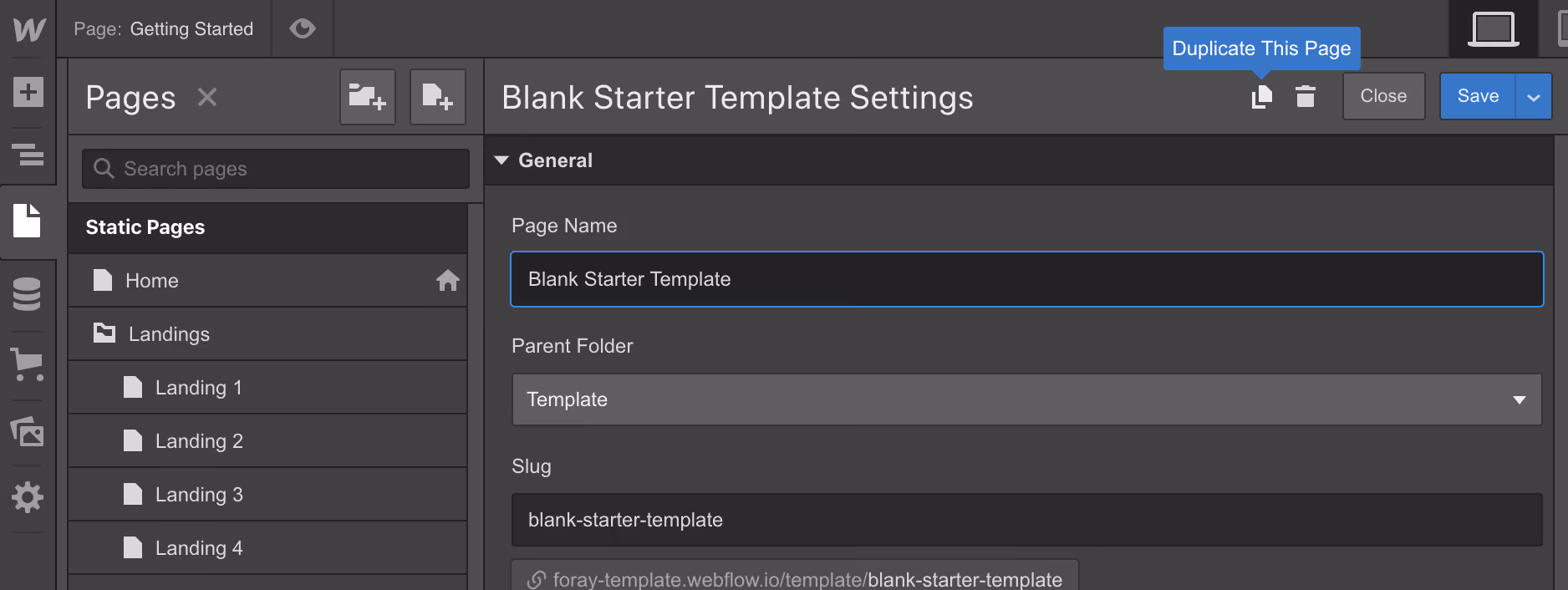 Website builder interface showing page settings for Blank Starter Template with page list on left.