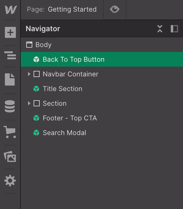 Screenshot of a web design navigator panel showing nested page elements, including a highlighted Back To Top Button.