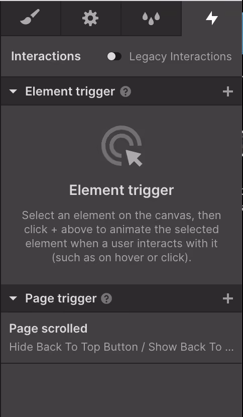 User interface showing element and page trigger controls for animations and interactions.