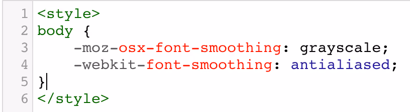 Code snippet showing CSS style for body with font smoothing properties for moz and webkit browsers.