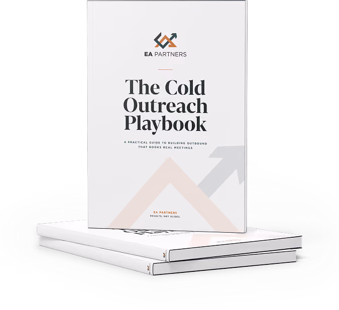 Stack of books titled The Cold Outreach Playbook by EA Partners with an arrow design on the cover.