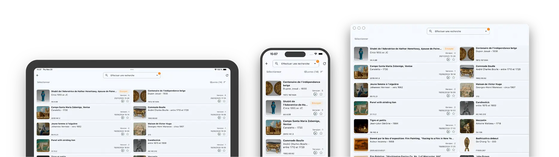 Capture d'écran d'une interface utilisateur affichant une liste d'œuvres d'art avec titres, auteurs, dates et options de sélection sur plusieurs appareils.