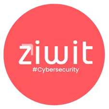 Logo Ziwit avec texte blanc sur fond rouge corail, incluant le hashtag #Cybersecurity.