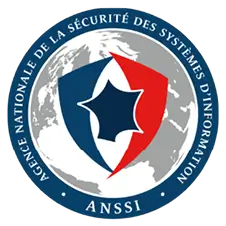 Logo de l'Agence nationale de la sécurité des systèmes d'information (ANSSI) avec un bouclier stylisé bleu, blanc et rouge sur un globe gris.