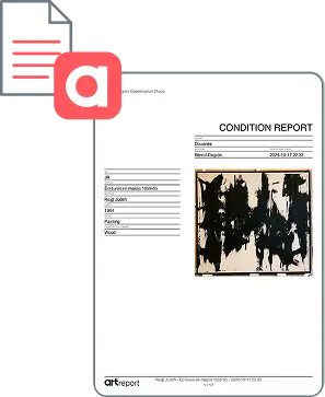 Page de rapport de condition avec un tableau d'art abstrait noir et blanc et des sections de texte pour la description, la date, et divers détails.