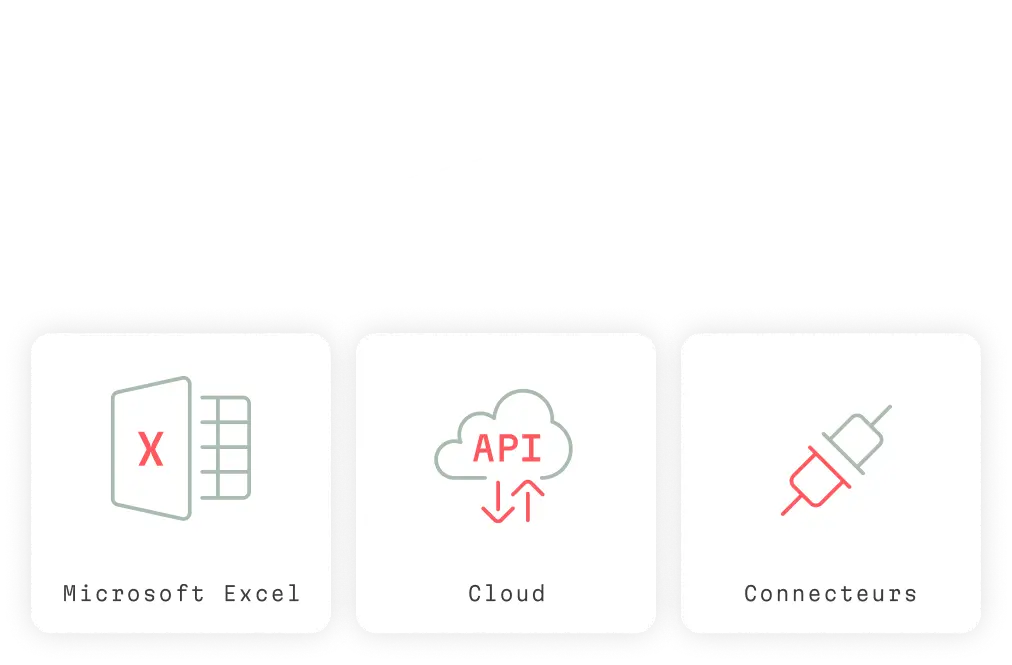 Diagramme montrant une intégration avec trois options : Microsoft Excel, Cloud avec API, et Connecteurs illustrés par une prise électrique.