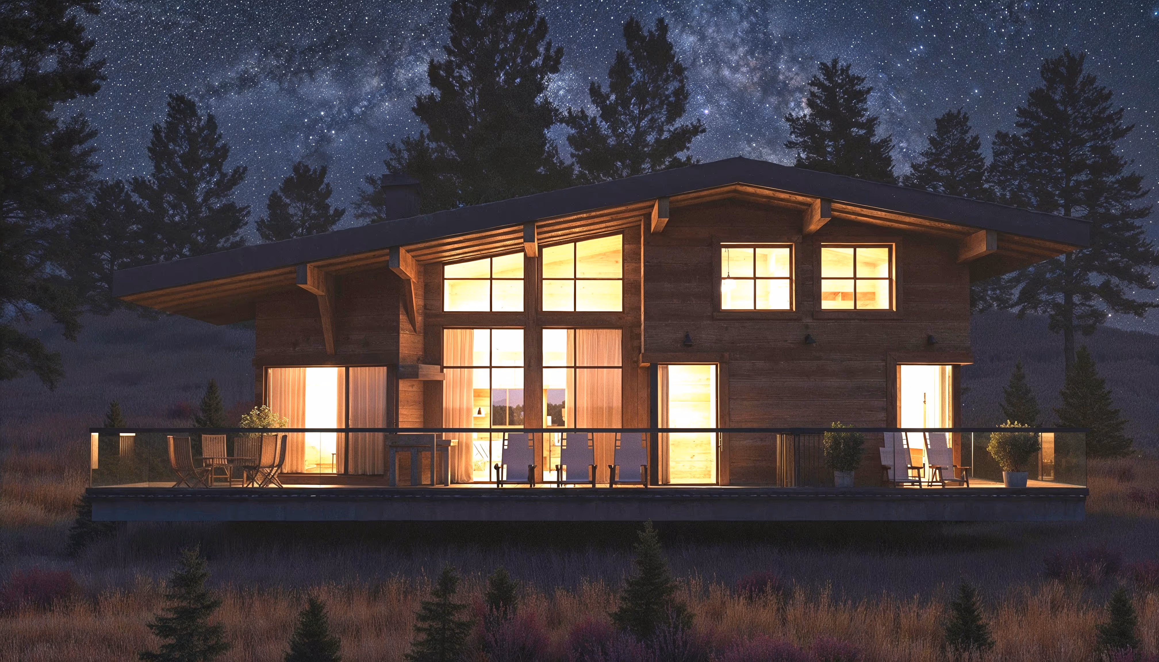 Wooden cabin illuminated inside at night with large glass windows, surrounded by trees under a starry sky.