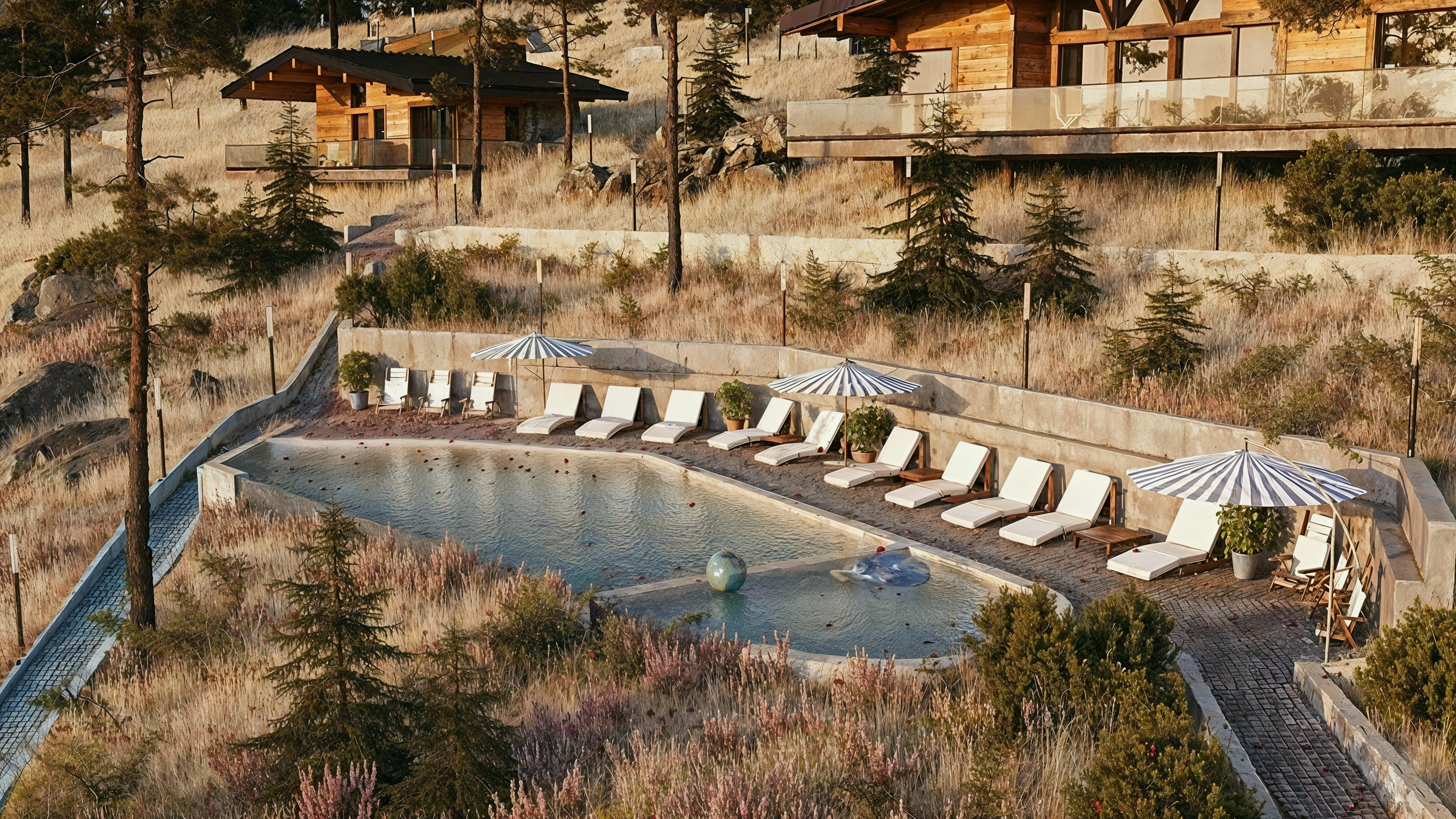 Outdoor pool surrounded by lounge chairs with striped umbrellas and wooden cabins in a dry grassy hillside setting.