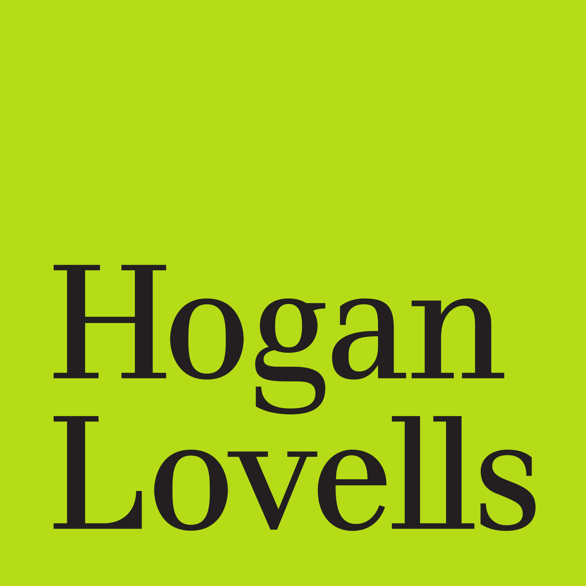 Hogan Lovells logo with black text on a bright green background.