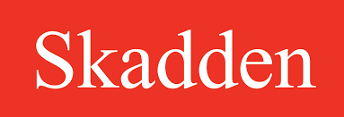 Skadden wordmark in white serif font on a red background.