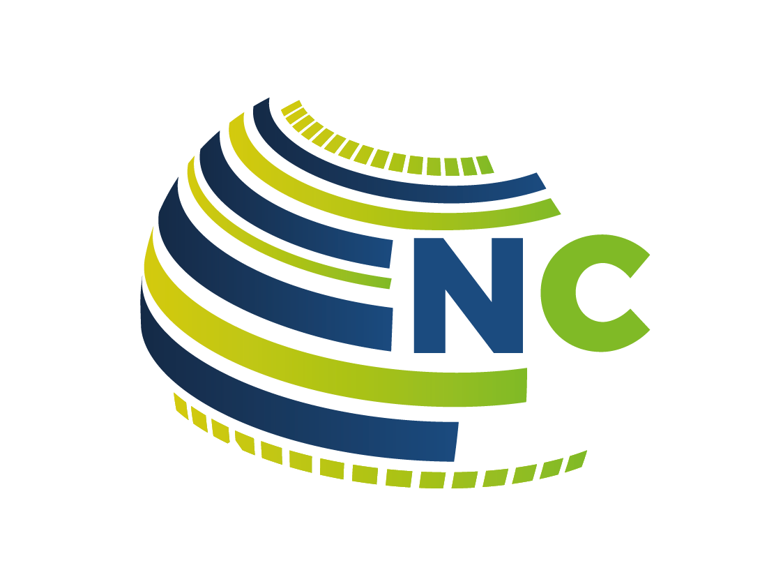 Stylized globe with blue and green curved stripes and the letters 'NC' integrated in the design.