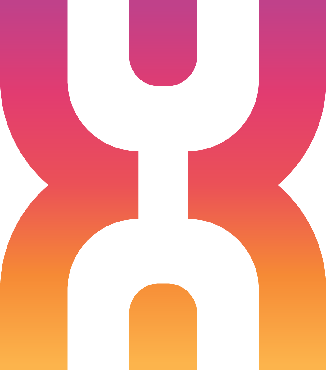 Stylized logo with mirrored letter R shapes forming a symmetric design in a pink to orange gradient.