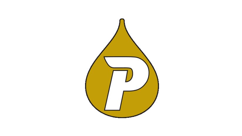 Gold oil drop shape with a white capital letter P inside.