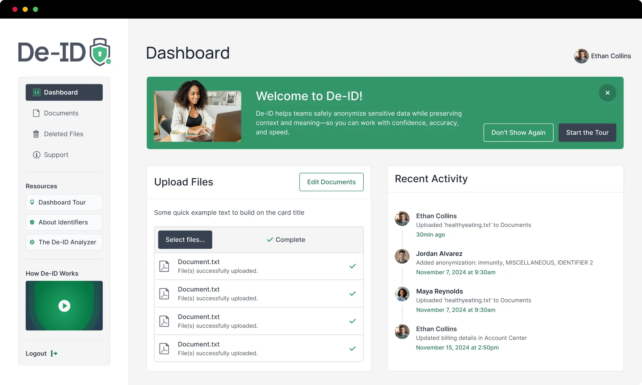 De-ID dashboard interface with upload files section, recent activity feed, and a welcome message on data anonymization.